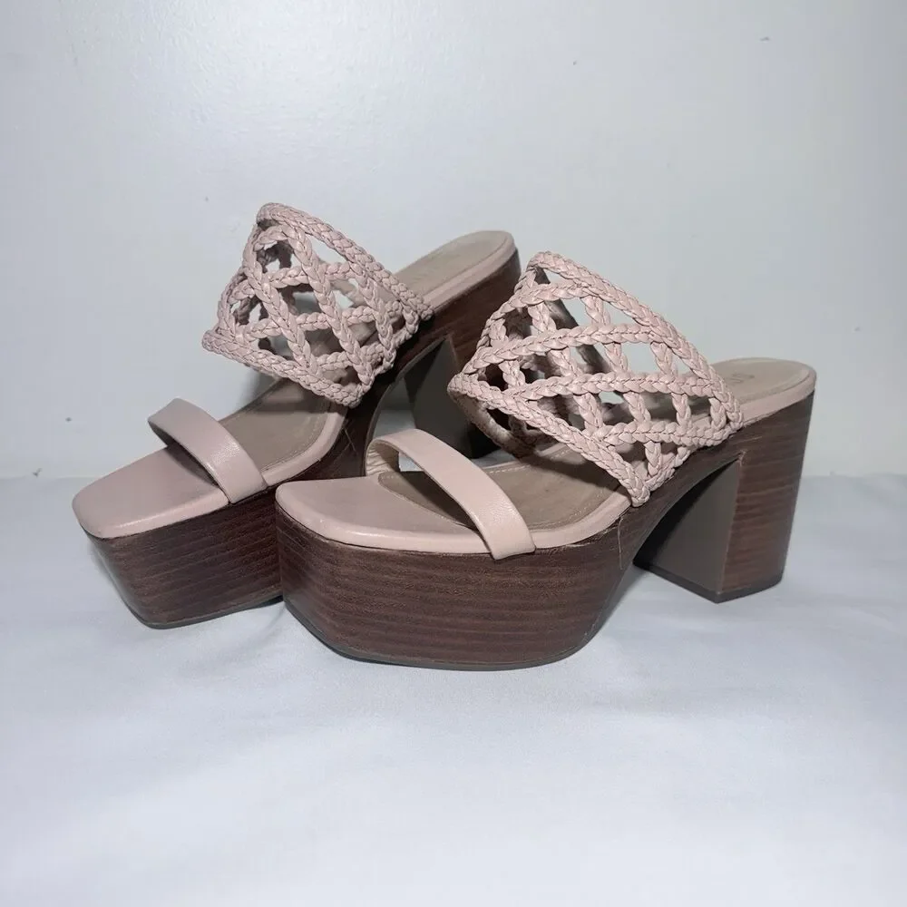 SCHUTZ Rose-Nude Platform Sandals Woven Leather High Block Heel Size 8